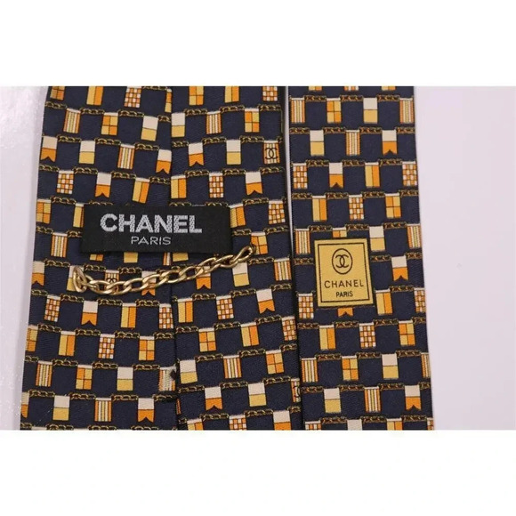 Chanel Paris Black/Gold Geometric Print Design Silk Necktie Tie - Picture 6 of 7